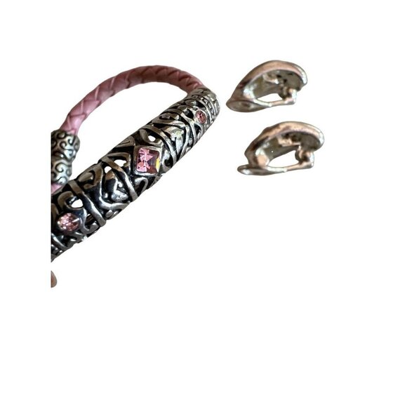 Vintage Silver & Pink Leather Bracelet & Earrings Set With Gemstones - Picture 6 of 6